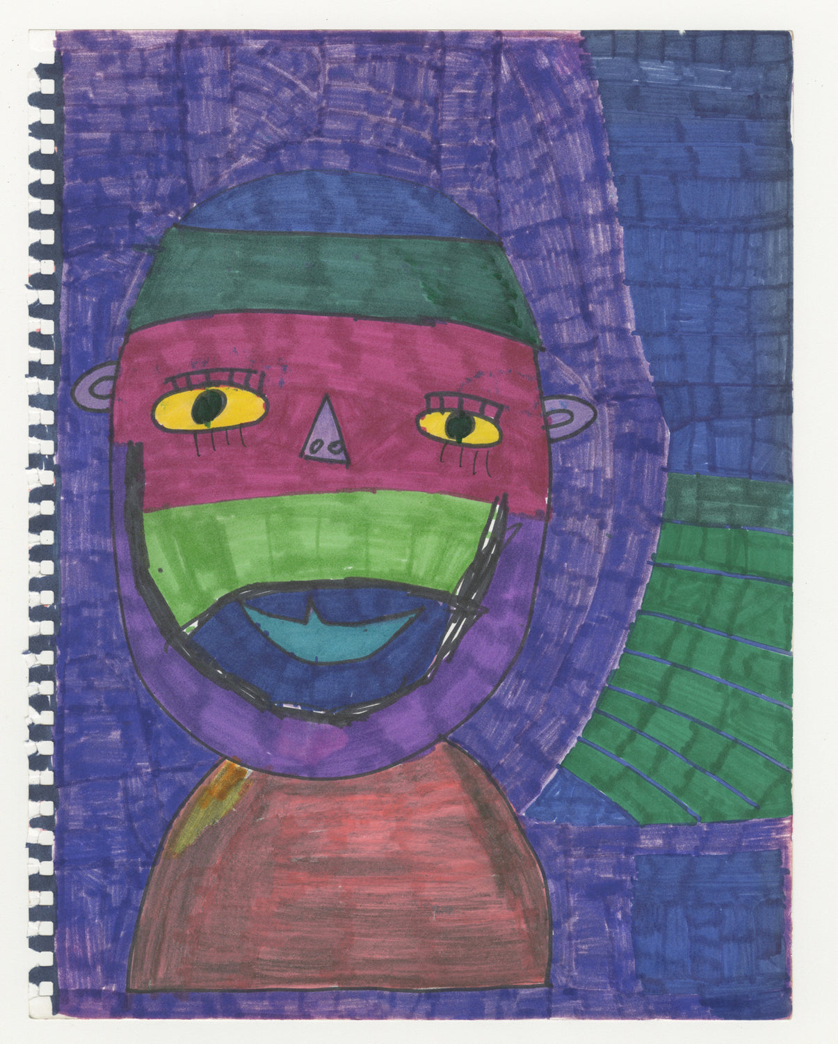This is a portrait of a figure wearing a blue and green striped beanie and a grey and peach shirt. The figure's face is striped and multicolored - purple, green and dark blue with a light blue smile. The background is a dark purple with blue and green accents on the right side of the piece.