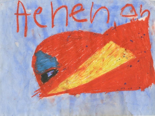 This is an abstract drawing of a figure, the body of the figure is bright red, with black eyes, blue eyebrows and a yellow mouth. The text 'Aehehoh' is written in red at the top of the work, all against a blue background.
