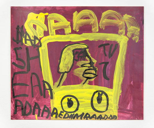 This is an abstract painting of a figure on a TV. It is the side profile of the figure who is looking towards the left of the work. There is also bold text in black and yellow along the top and the left side of the work. The TV and the figure is depicted in yellow, with black details against a maroon background.