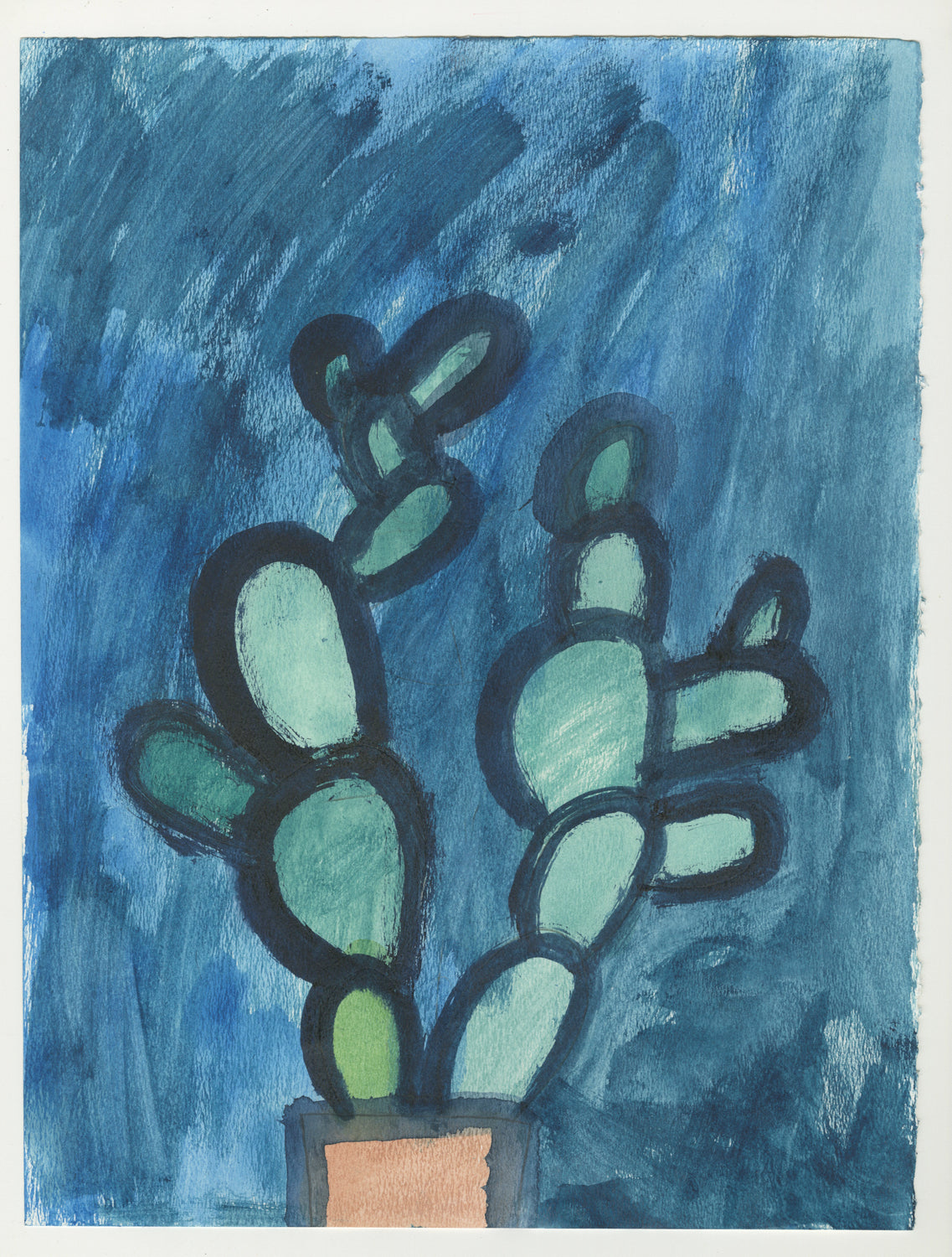 A watercolor painting of a house plant against a blue background.