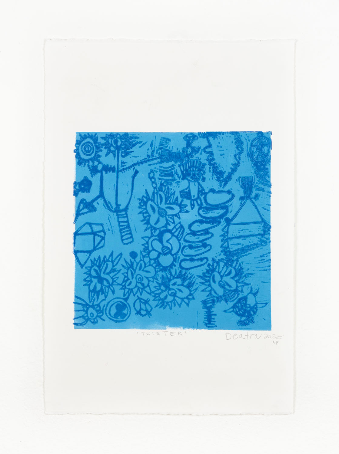 This is a two-layer linocut relief print done with two shades of blue ink. The print has floral elements and animals that are scattered across the piece, all against a white background.