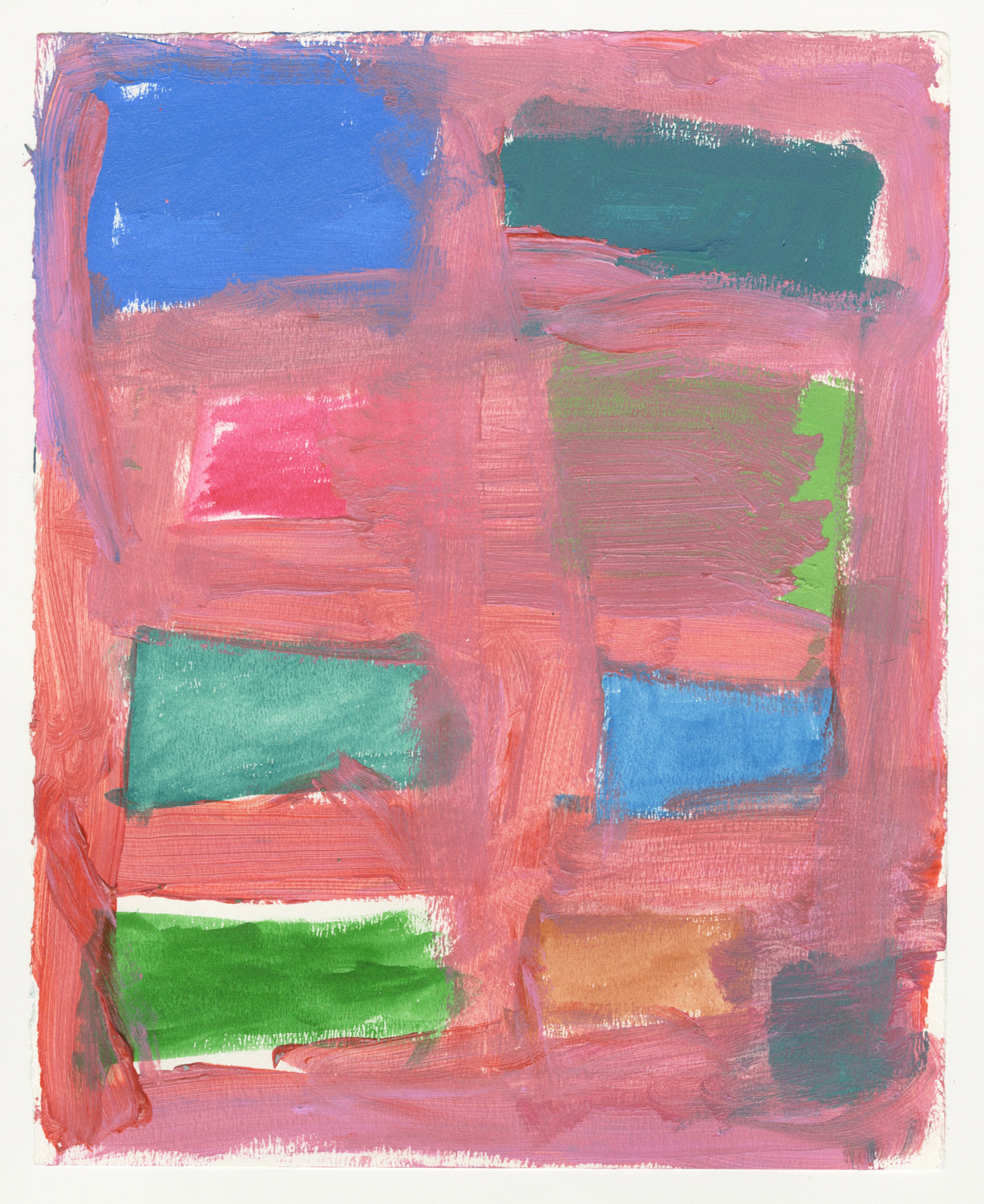 An abstract artwork with colorful rectangular shapes outlined in pink, against a white background.