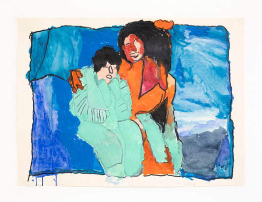 This is an expressive watercolor-style painting of two figures seated together against a vivid blue background. One figure in pale green clothing leans forward with a thoughtful expression, while the other, dressed in orange and pink with dark hair, rests an arm around them. Thick black outlines and fluid brushstrokes create a loose, emotional composition with bold contrasts of blue, turquoise, orange, and pink.