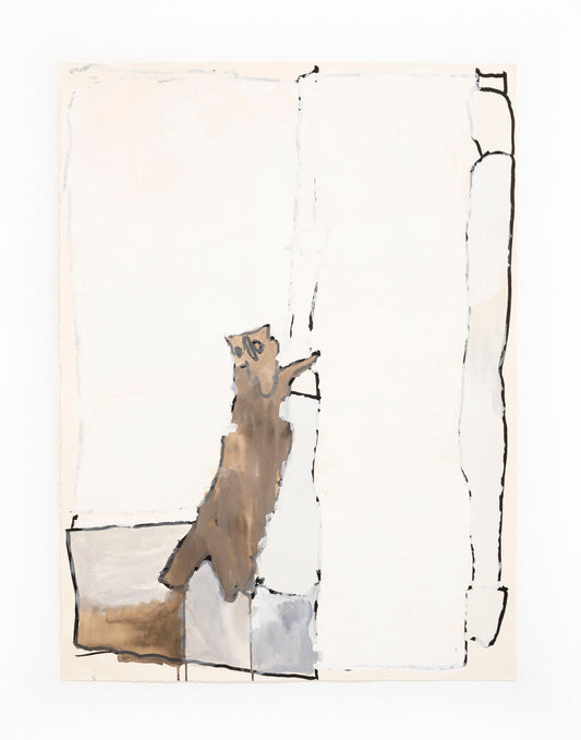 This is a minimalist watercolor-style painting of a small brown cat stretching upward beside a tall white vertical shape, possibly a doorframe or wall. The composition uses sparse black outlines and soft washes of beige, gray, and brown against a mostly white background, creating a quiet, delicate scene with lots of open space.