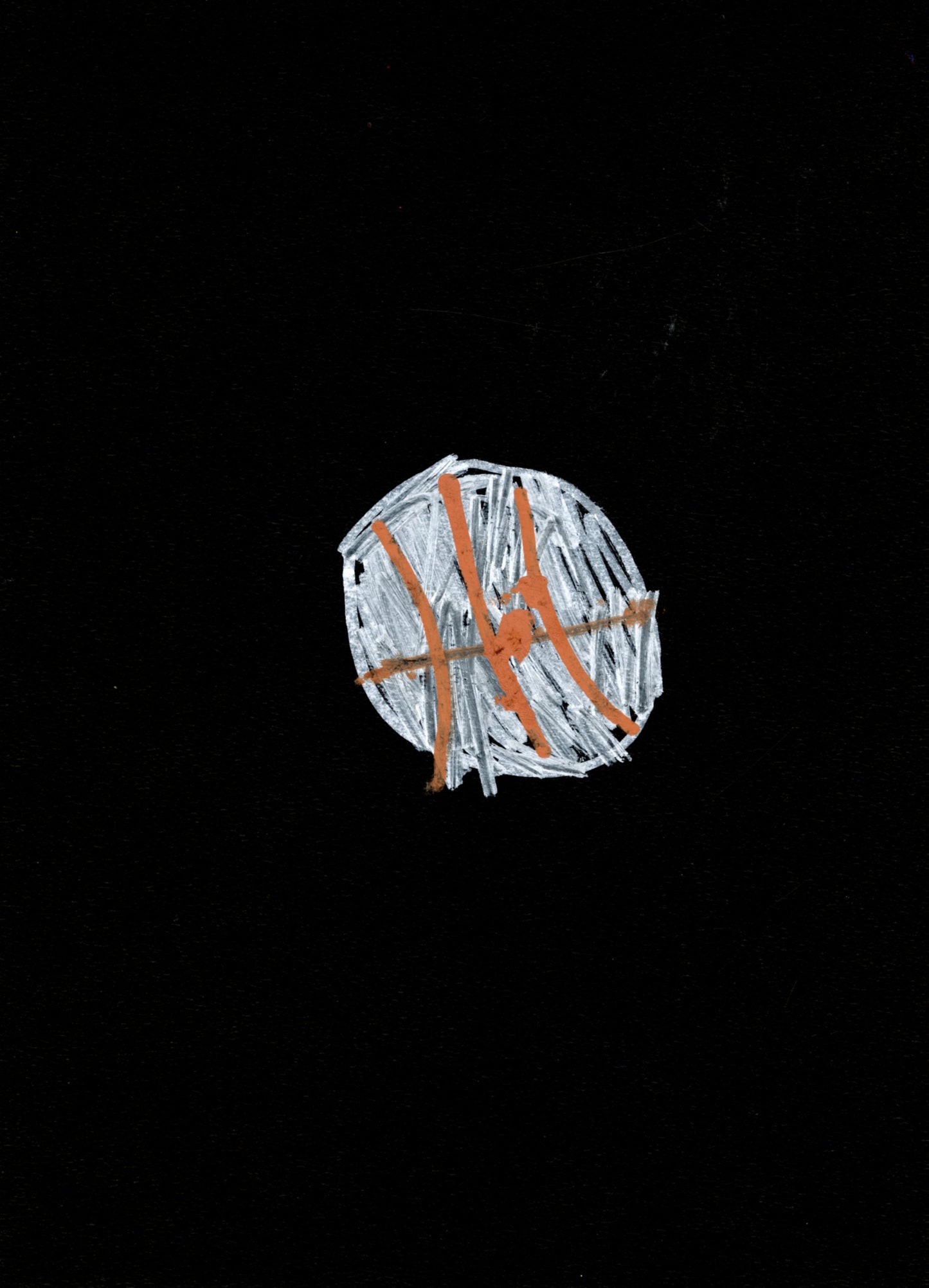 A marker drawing with a white and orange basketball on a black background