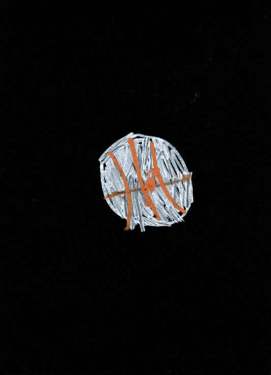 A marker drawing with a white and orange basketball on a black background