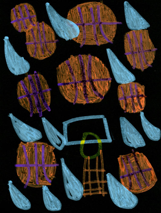 A maker drawing of basketballs, a hoop, and several droplets of water against a black background.