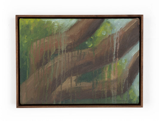The canvas displays three tree branches that sit diagonally across the bottom left to the top right of the canvas. The paint is applied loosely and expressively. There is green and blue paint in different shades to depict leaves and the sky. There are drips of green painting coming, seemingly, from the leaves in the background that fall onto the branches.  