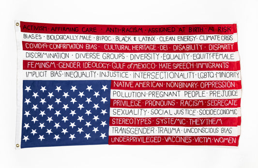American flag made of fabric, upside down, with embroidered text - text on the red stripes is embroidered with white thread and on the white stripes with black thread. Text are words in all caps that have been deleted from all Federal websites. 