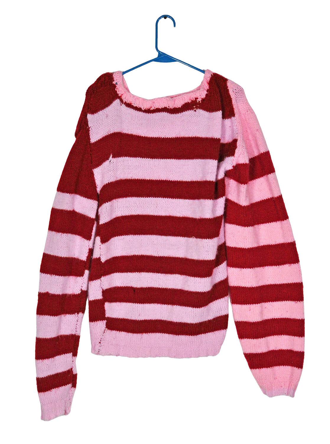 a hand-knit long sleeve sweater with alternating red and pink horizontal stripes. It hangs on a blue plastic hanger.