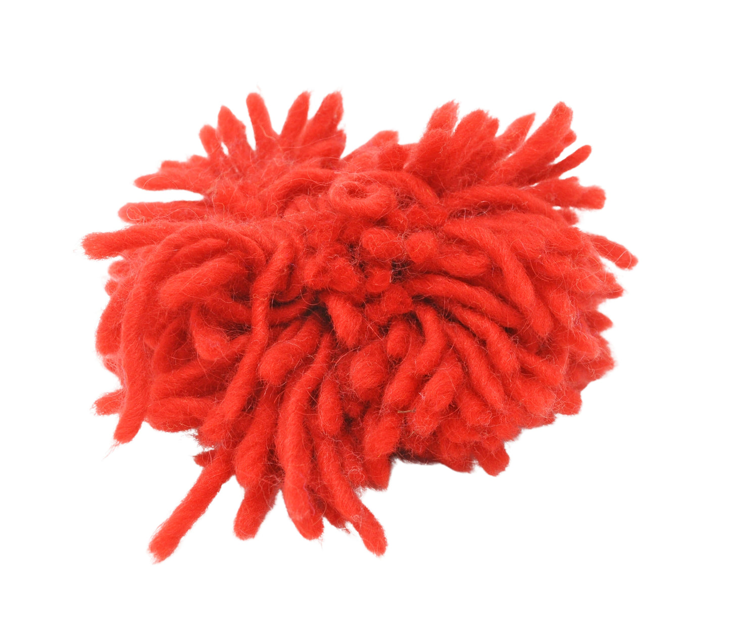 a red pom pom ball made of short pieces of one material:  red yarn. 