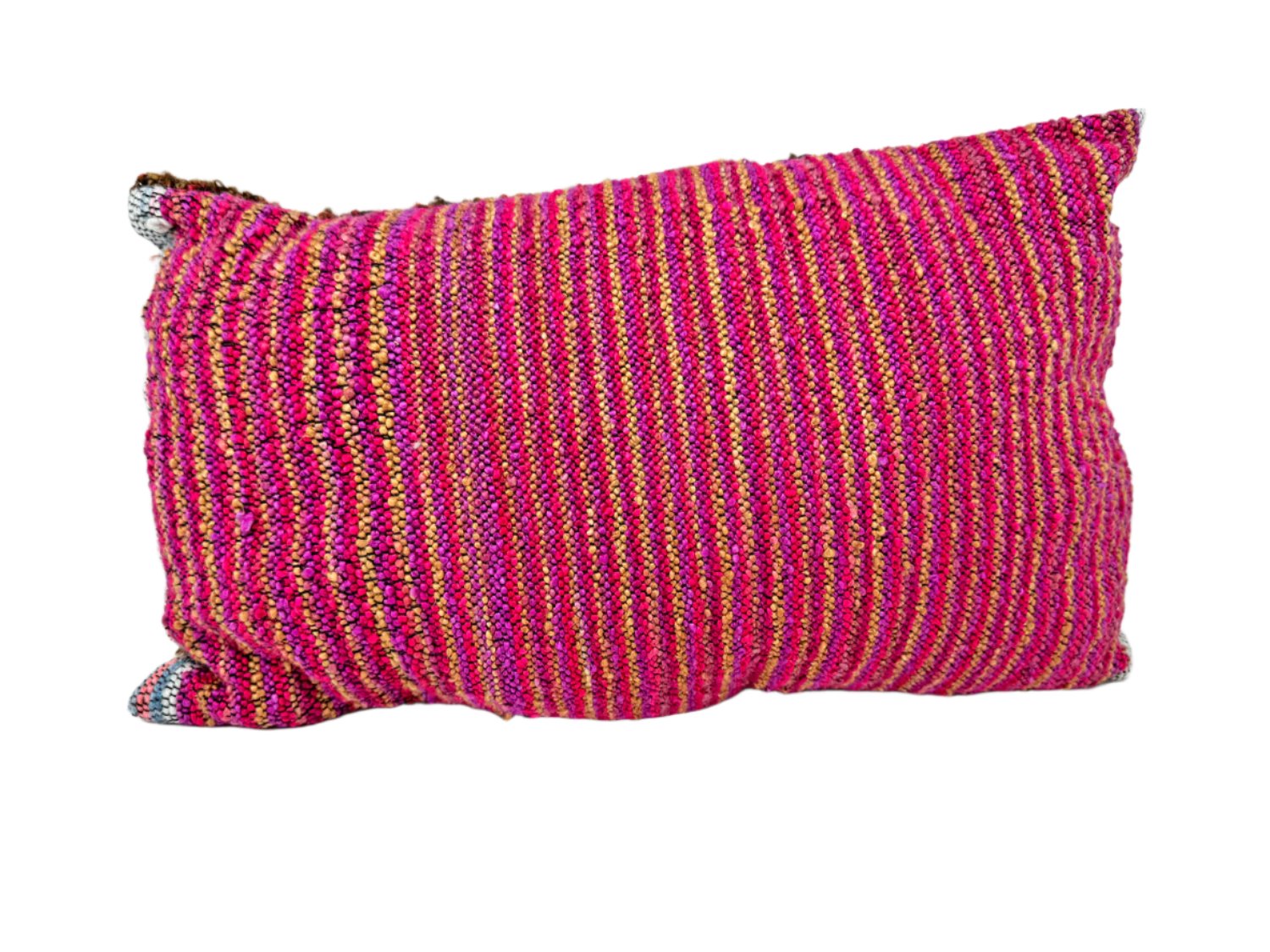 The same pillow photographed from the other side. The woven covering continues, and the pattern on this side of the pillow is thin vertical pink, yellow, and purple stripes. 