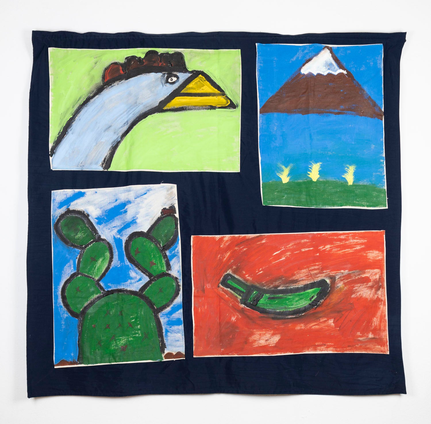 A dark navy quilt with four painted appliqué squares, each illustrating a different scene or symbol. Clockwise from the top left, the painted scenes depict a white chicken's head, shown in profile, with a pale green background; a brown snow-capped mountain floating on a blue field, over a thin strip of green ground and yellow plants sprouting;  a green chili pepper floating on a red backdrop; and finally a green cactus sprouting under a cloudy blue sky. 