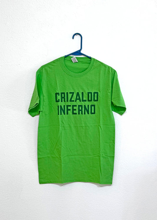 A bright green T-shirt with the text 'Crizaloo Inferno' screen printed onto the front with a darker green ink.