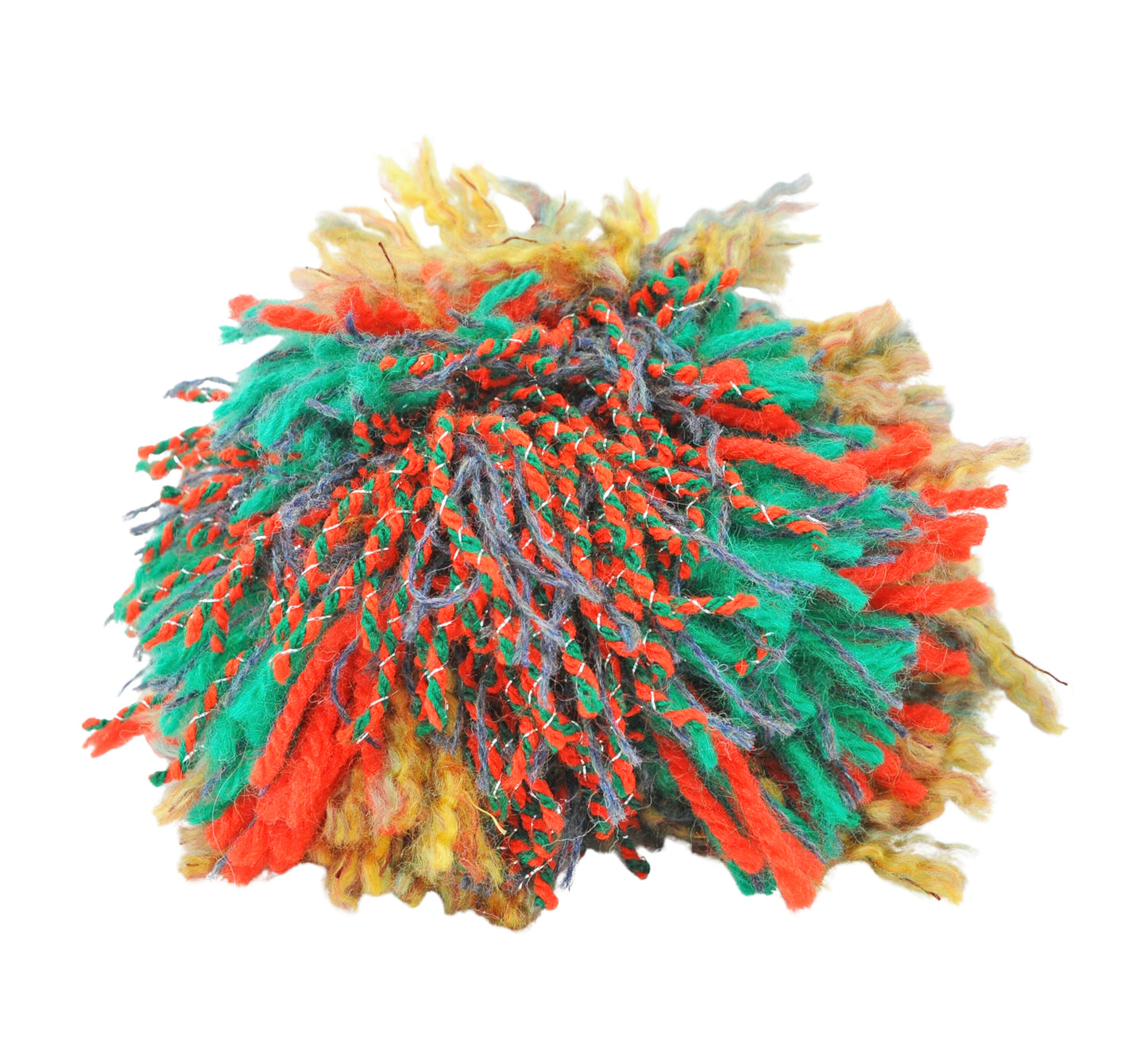 a photo of a colorful yarn pom pom ball: short bits of green, red, and yellow yarn are knotted together in a round clump.