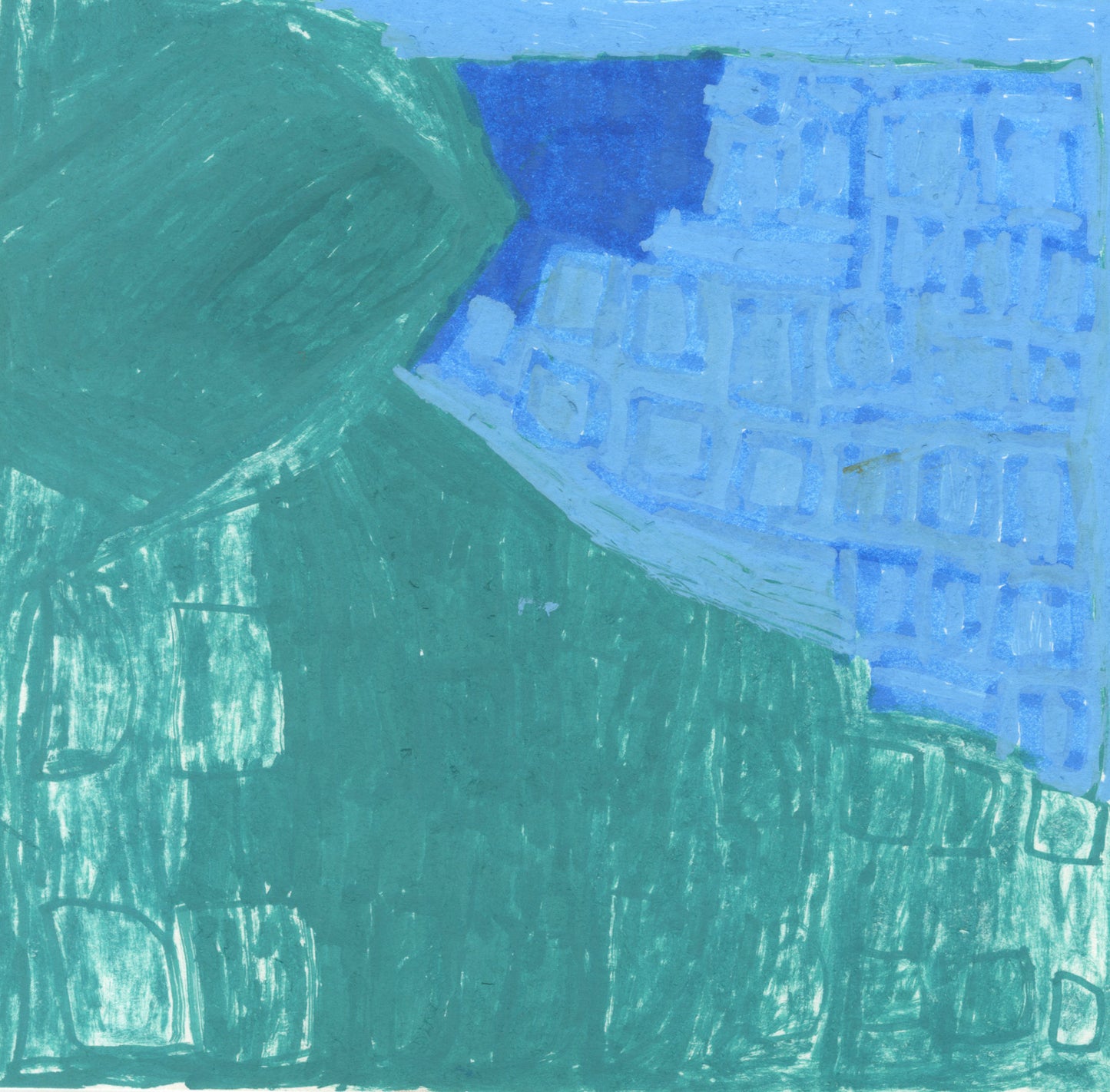 an abstract color field drawing on paper. The surface is divided diagonally in half, with light blue and dark blue areas on the top, and turquoise blue filling the bottom section. There are faint blue or green outlines of squares visible under the turquoise and light blue areas. 