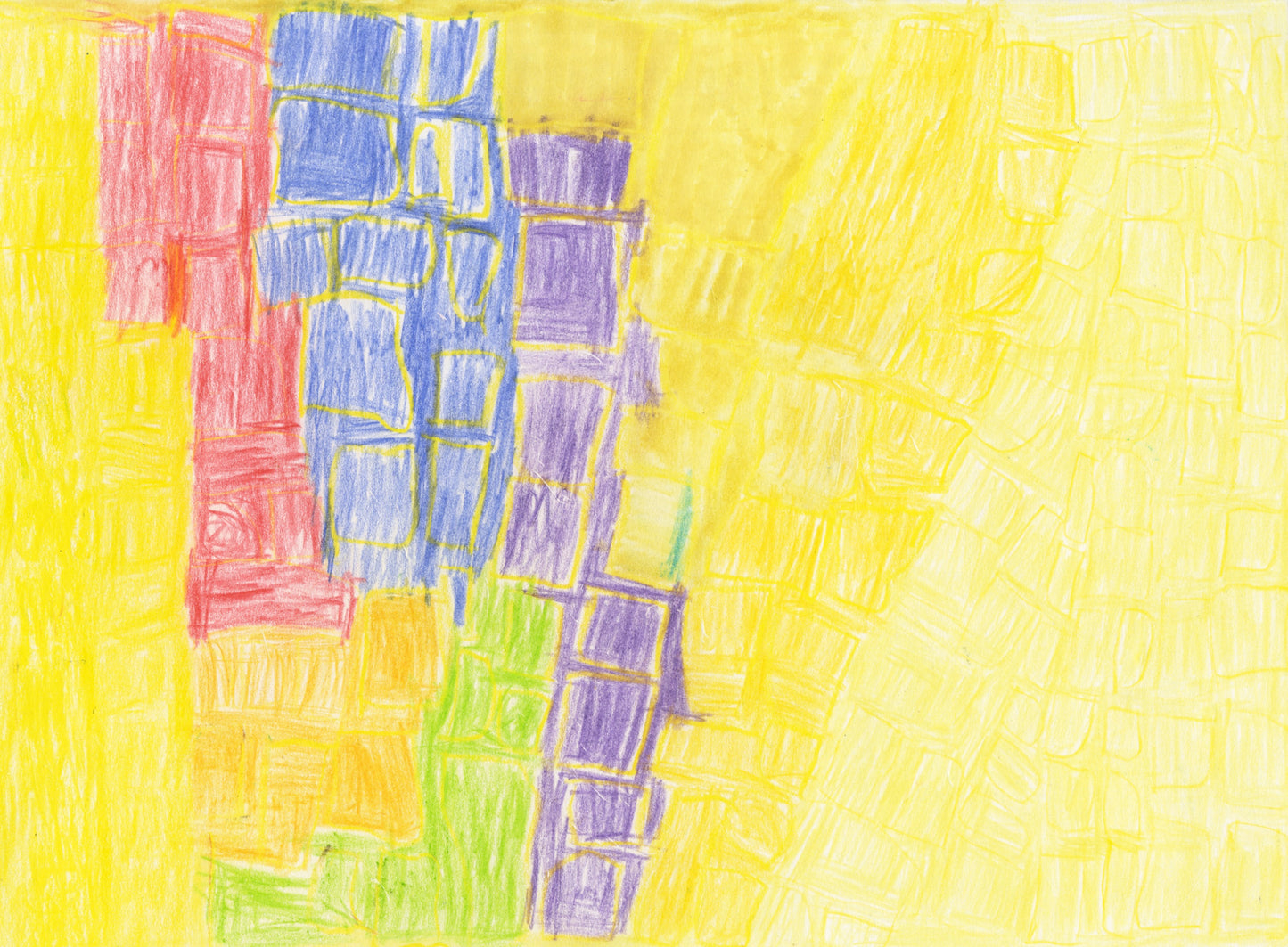 An abstract drawing on paper, made using colored pencils. The image features leaning stacks of squares that fill the surface. Most of these squares are colored yellow. On the left side of the drawing, there are 4 stacks that include red, blue, purple, orange, and green squares, creating a vertical rainbow in the yellow field. 