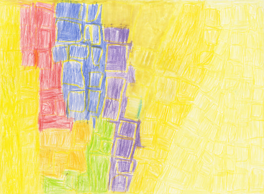 An abstract drawing on paper, made using colored pencils. The image features leaning stacks of squares that fill the surface. Most of these squares are colored yellow. On the left side of the drawing, there are 4 stacks that include red, blue, purple, orange, and green squares, creating a vertical rainbow in the yellow field. 