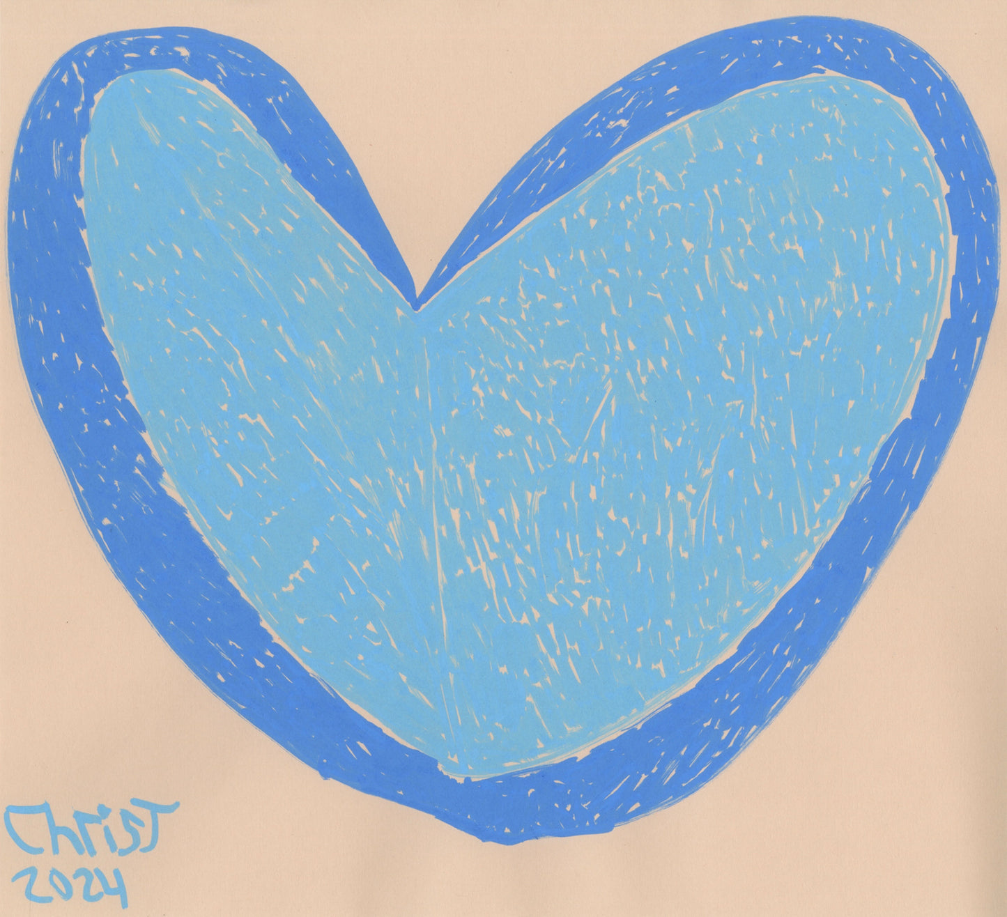 a marker drawing on tan paper. The image is a large light blue heart outlined in darker blue. The artist signed and dated the image on the bottom right corner, writing "Chris J 2024"