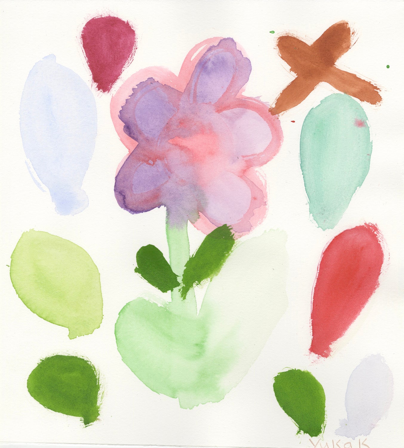 a watercolor painting on white paper. The image features a flower in the center. The flower has 5 purple and pink petals and a green stem with 4 leaves. Floating in the white space around the flower are more oblong petal shapes, painted green, red, and pale purple. 