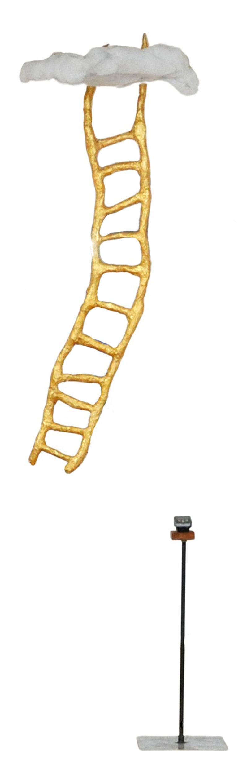 a handmade gold ladder, suspended in the air, leading up to a cloud. on the ground below is an atm machine mounted on a stand.