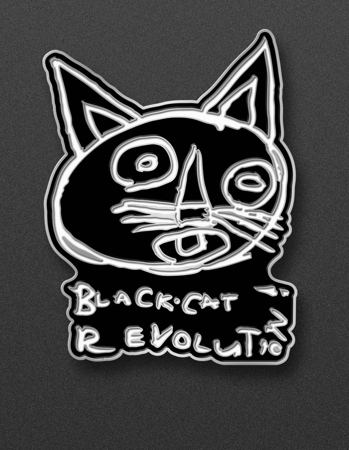Black and white enamel pin of a black cat with 'Black Cat Revolution' text against a black background.