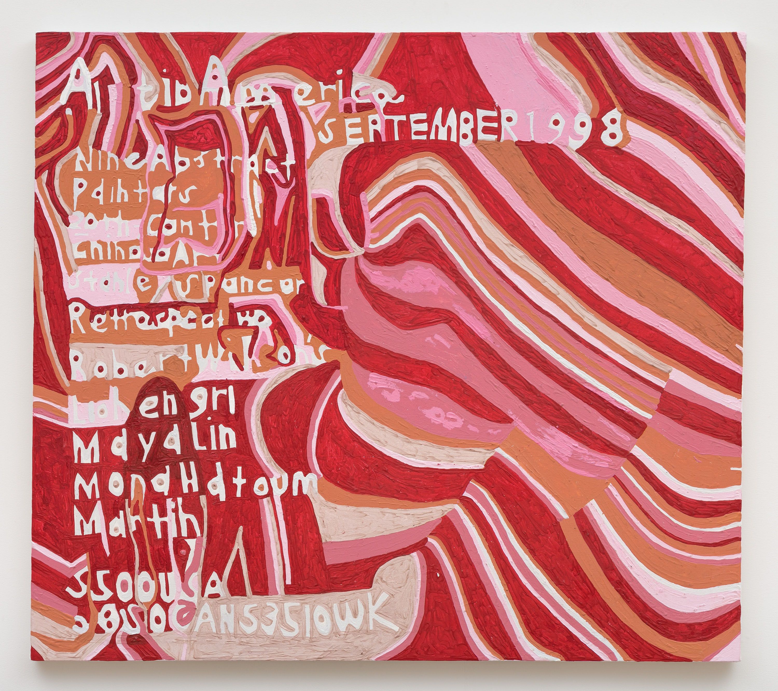 an acrylic painting on a rectangular canvas. The paint is applied thickly and the short brush strokes create a textured surface. The image is a series of stacked wavy stripes, colored pink, red, brown, or white. Interspersed with these stripes on the left half of the image, there are rows of painted white letters, some of which spell out the names of other artists. The image is based on the cover of a magazine, Art in America, from September of 1998.