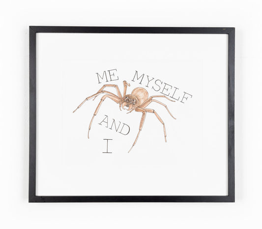 Multi-colored large brown spider looking at the viewer with eight large eyes. Capitalized text written with black ink around spider reads: Me, Myself , and I.