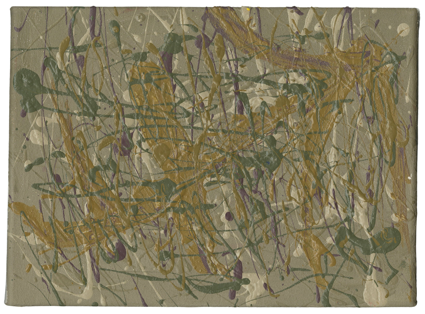 An abstract painting made by dripping paint onto canvas. The canvas is primed in a warm grey color. The artist then laid the canvas flat to apply layers of paint in long vertical drips and spots, flinging the colors on from varying distances above the canvas to cover the entire surface. The dripped colors include ochre yellow, olive green, light tan, and dark purple. 