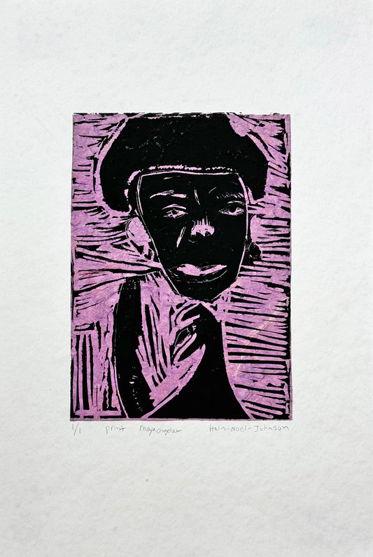 A purple and black linoleum block print on white paper. The image is a portrait of the poet Maya Angelou, featuring her head and shoulders. She is resting her chin on one hand. Her face, hair, and hand are printed with black ink. Her shirt and the background are purple stripes, textured by horizontal carving marks. The print is a unique edition of 1, numbered, titled, and signed with pencil along the bottom edge of the image.