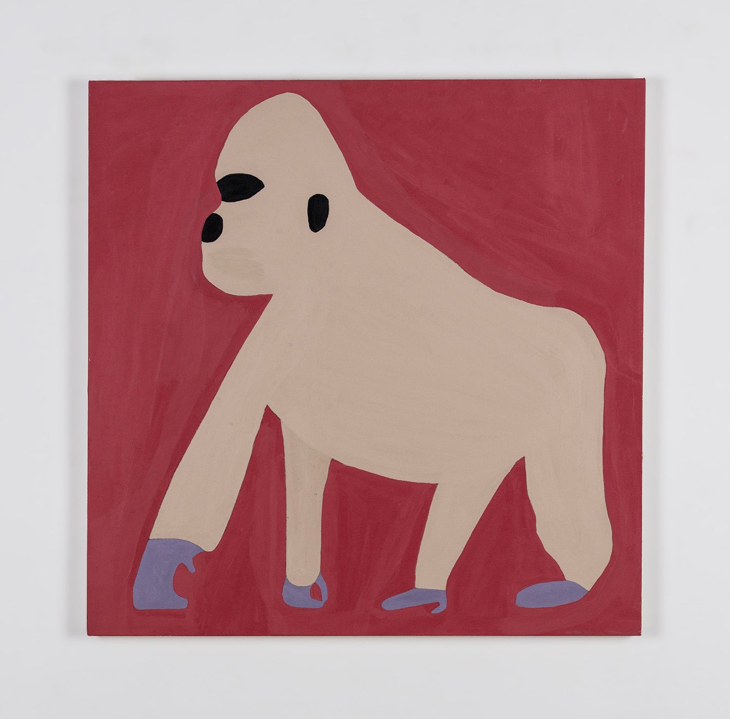 An acrylic painting on canvas of a gorilla. The creature is frozen in motion, striding toward the left, on a solid red background. It has a black eye, nose, and ear on its pale yellow body.  Its feet are each painted a grey purple. The painting style is streamlined and flat to emphasize the silhouette of the creature, and the edges of each component part.