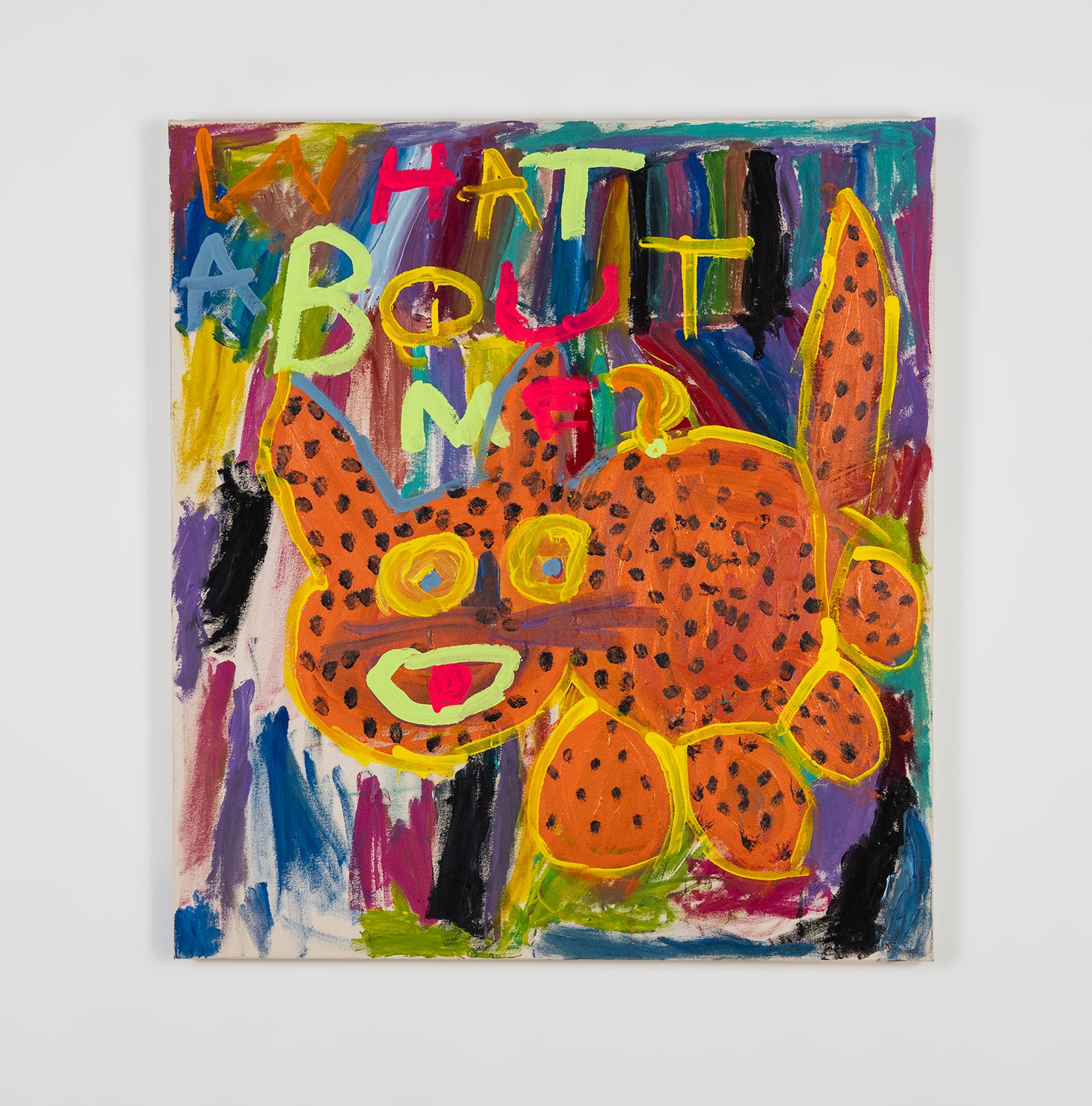 An expressive and colorful painting featuring a large bright orange cheetah and hand-painted letters. The letters spell out the phrase: What about me? The background is rows of short vertical stripes in dark rainbow tones. 