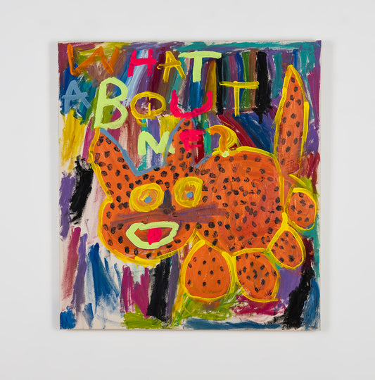 An expressive and colorful painting featuring a large bright orange cheetah and hand-painted letters. The letters spell out the phrase: What about me? The background is rows of short vertical stripes in dark rainbow tones. 