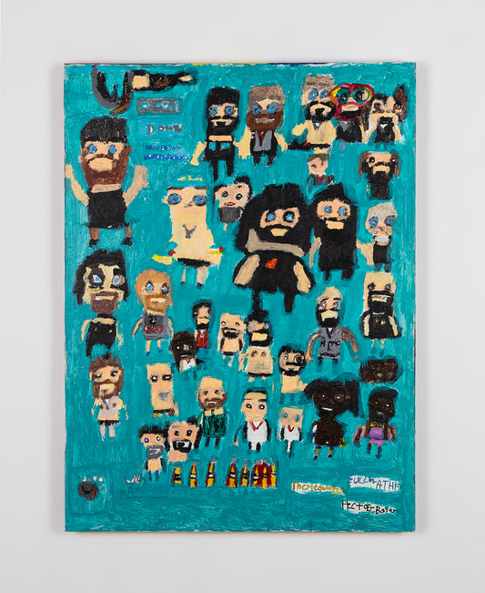 A painting on canvas. The scene depicts a crowd of stylized figures, each with a difference outfit, representing WWE wrestlers. All of the figures look straight ahead with wide round eyes. Many have beards and v-neck jumpers. They are arranged in rows on a turquoise background. The paint is applied thickly and the sweeping brushstrokes in the background are visible