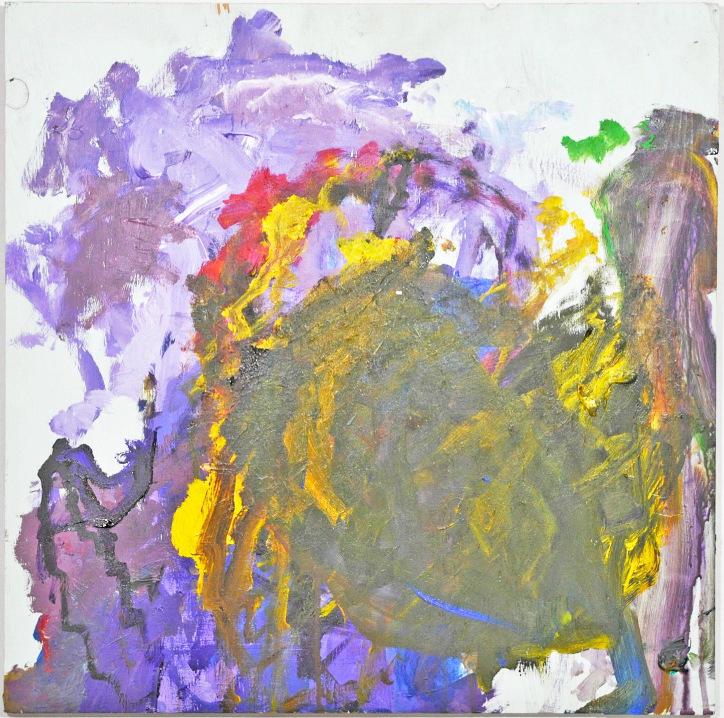 An abstract painting on a square canvas. A large purple and white cloud is partially covered by a black and yellow form. From each of these larger shapes, small wiggling painted lines branch off and down toward the bottom edge of the canvas. 