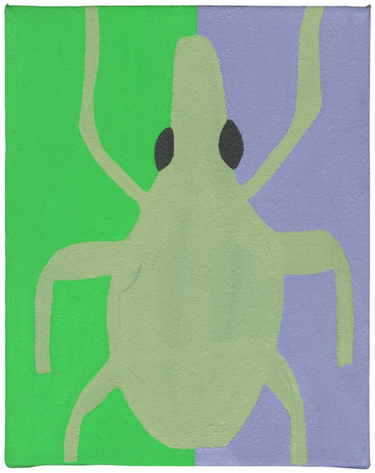 a small painting of a pale green, six-legged beetle with black eyes. The background is divided into two flat colors: green on the left and purple on the right