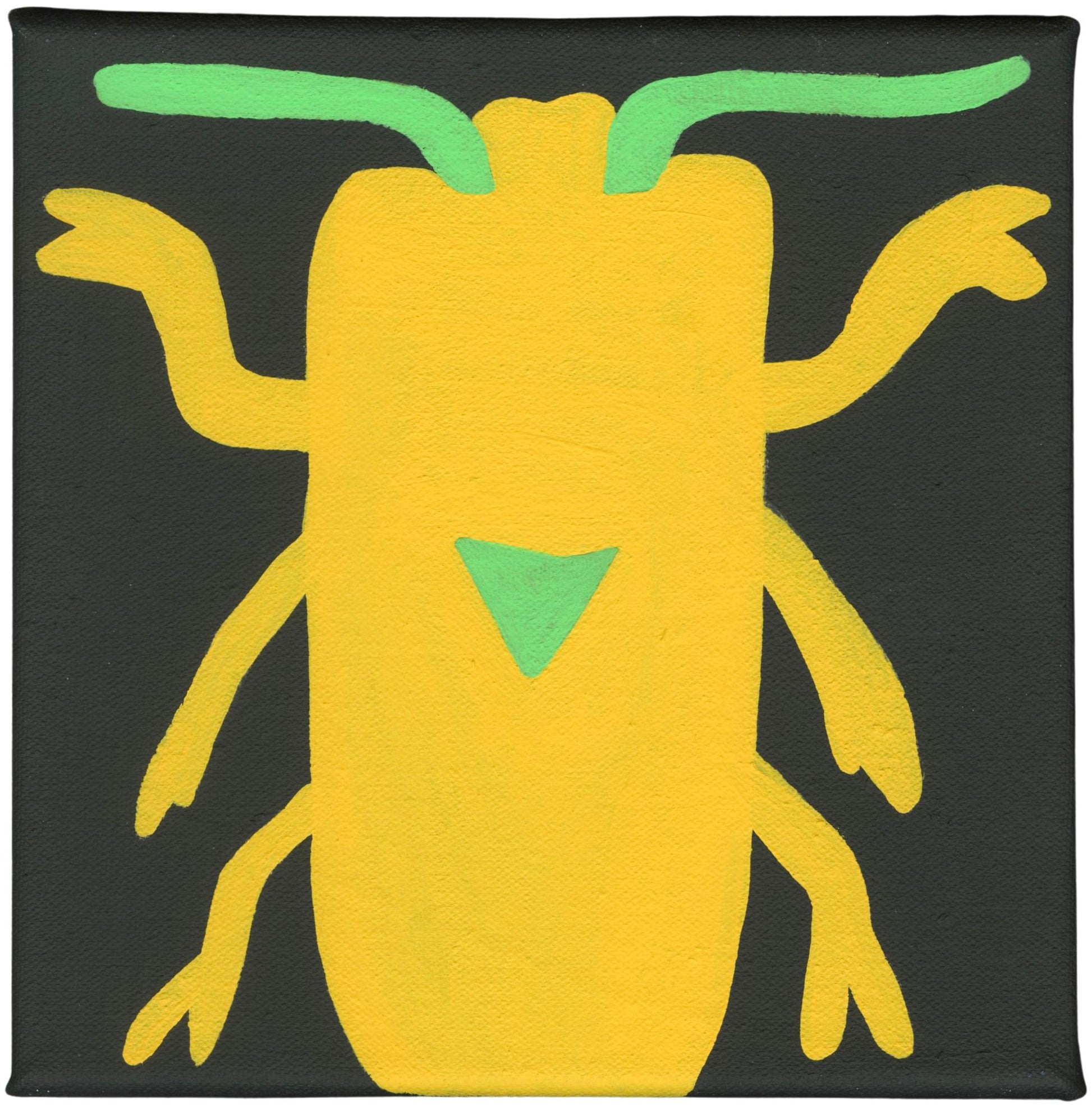 A painting of a yellow beetle on a black background. The beetle is viewed from above and has a neon green triangle on the center of its back. All 6 legs and 2 green antennae are visible. The painting style is streamlined and flat to emphasize the symmetrical quality of the creature.