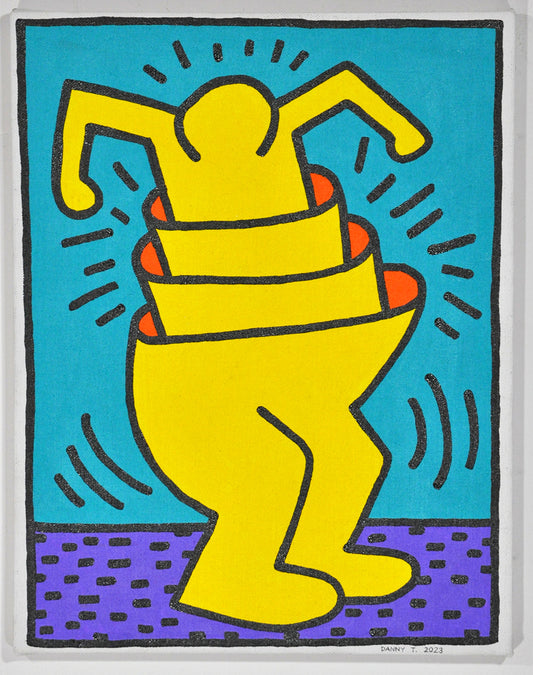 Painting of a cartoon-like yellow figure with minimal details. The person's arms are bent at the elbow, and raised above the shoulders, with fists pointing down. The figure is nested in three yellow tiers with legs at the bottom that get progressively larger, recalling a Russian nesting doll. The background is teal and ground is bright purple with a pattern of small black dashes. There are black lines around the figure indicating movement and energy. 