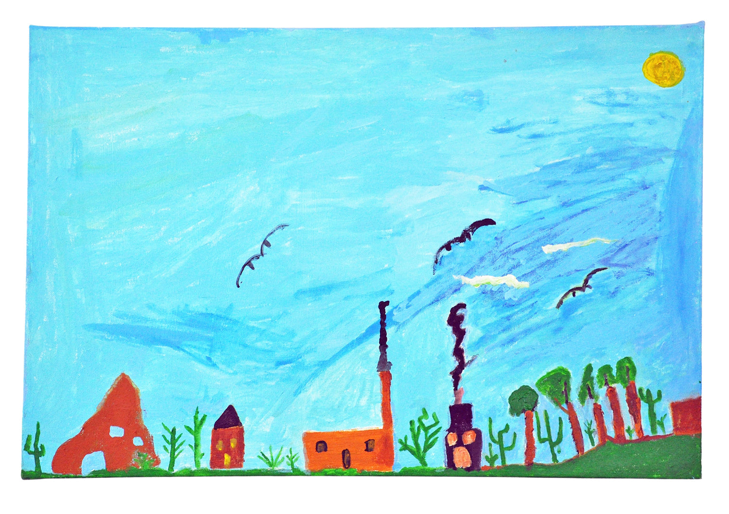 A landscape painting with a light blue sky covers most of the background. Black birds, orange houses, and green trees fill the lower half of the canvas. 