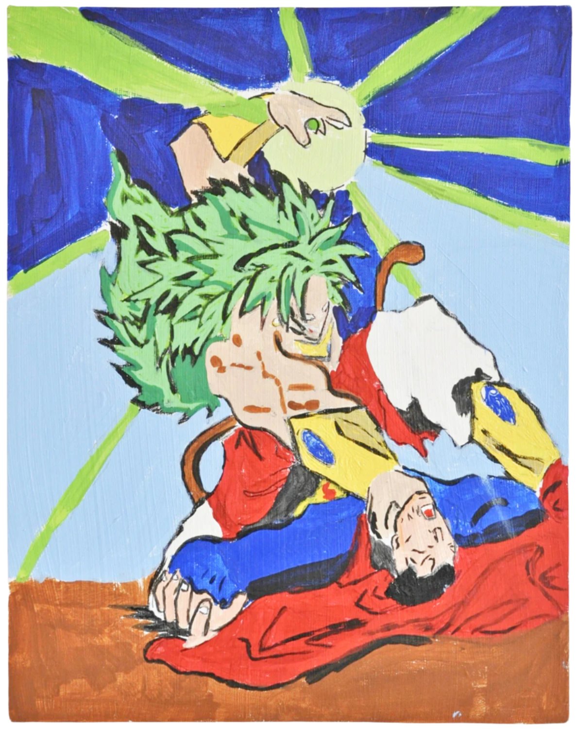 A painting on canvas depicting 2 figures based on anime and comic characters. One figure with a blue shirt and red cape lies in agony on the ground in agony. The other figure stands over them with a fist raised. Around their hand, there is a green neon orb with light rays emanating outward.