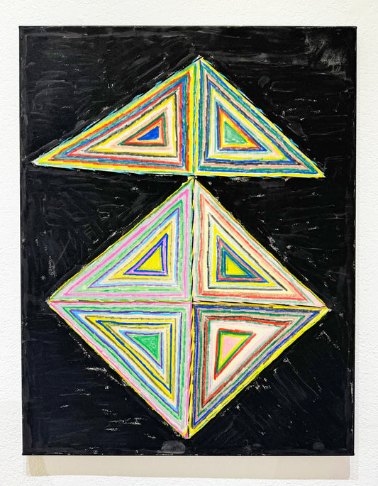 A mixed media work on canvas. Colorful geometric triangles and diamonds float on a black background. Each shape is divided into rainbow colored stripes, stitched with embroidery thread or drawn with marker.