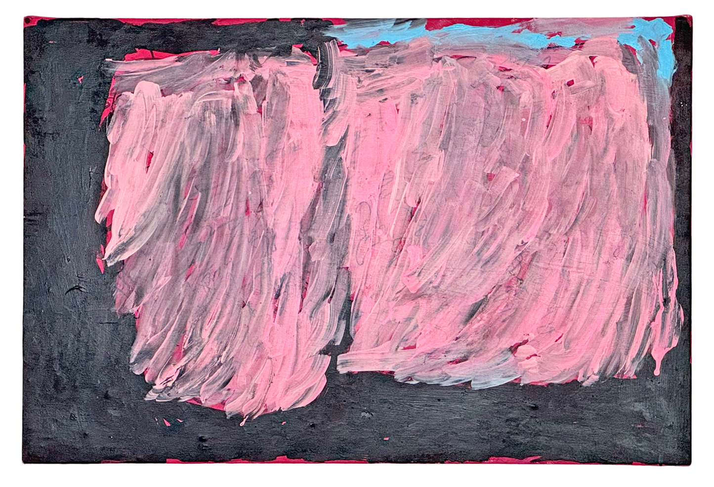 A gestural abstract painting on a rectangular canvas. The paint is applied thickly and the surface is textured from the brushwork. The image features two large pink rectangular shapes. A black stripe is painted along the bottom and side edges, and blue and pink paint form a thin border on the top edge. 