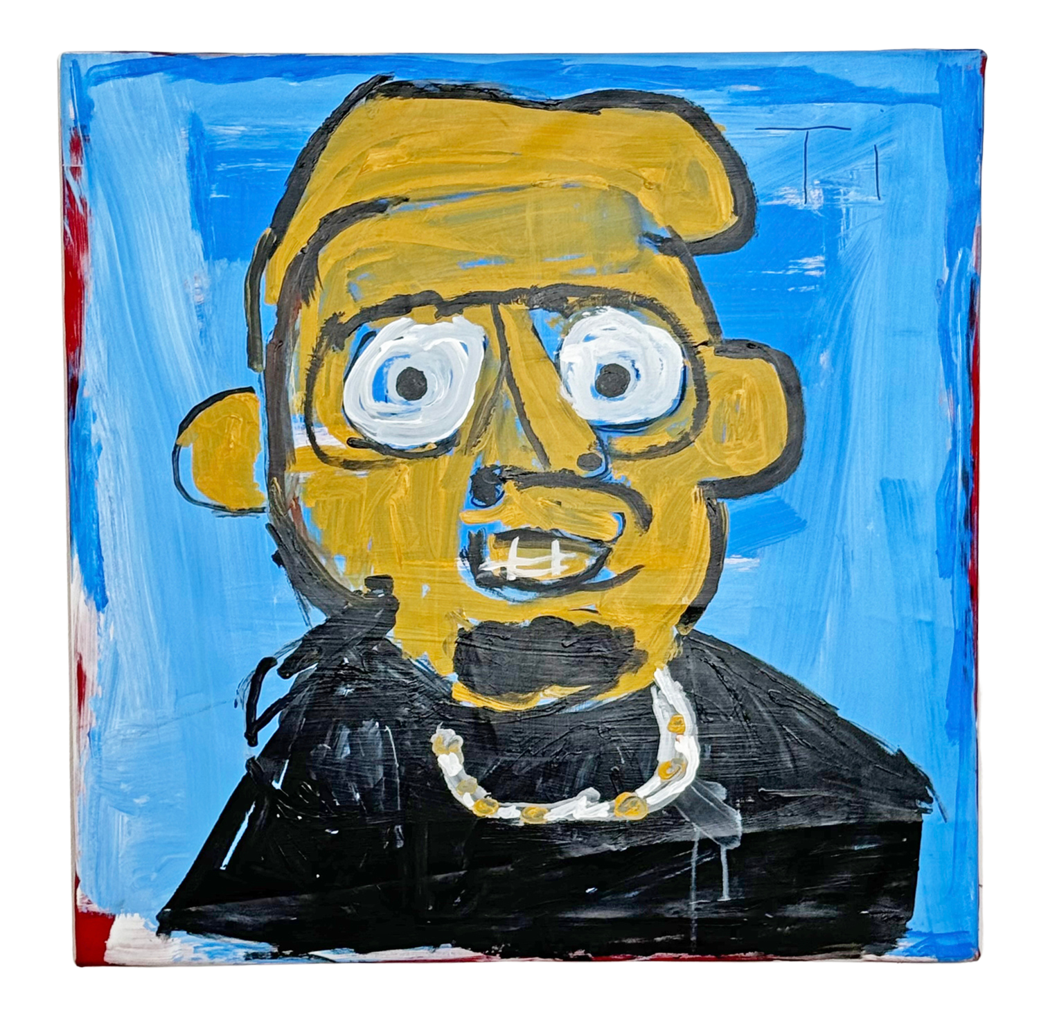 An energetic work painted with wide brushstrokes, a portrait of rap artist T.I.. Light orange skin, wide eyes, wearing a black t shirt and white and orange necklace, on a light blue background.