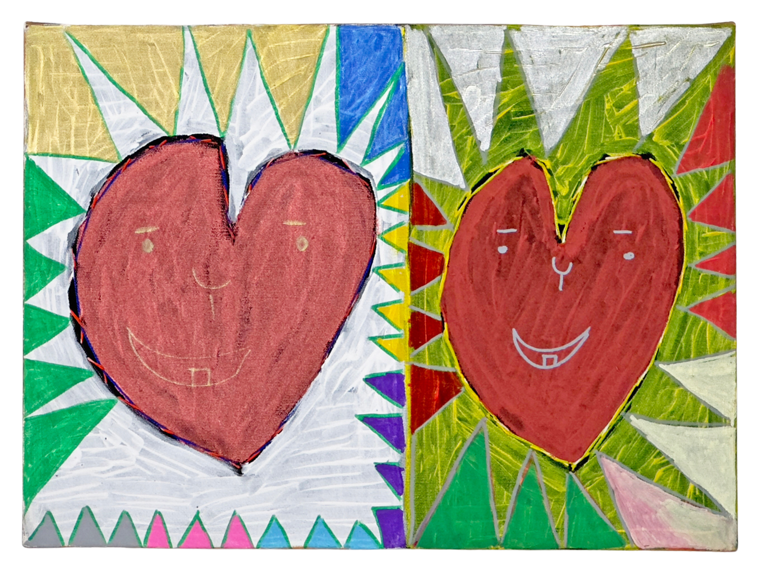 a colorful mixed-media painting featuring two red hearts with smiling faces, arranged side by side. The outline of each heart is embroidered with red or yellow thread. Pointy shapes radiate out around each heart, dividing the background into a field of brightly colored triangles that resembles stained glass. 