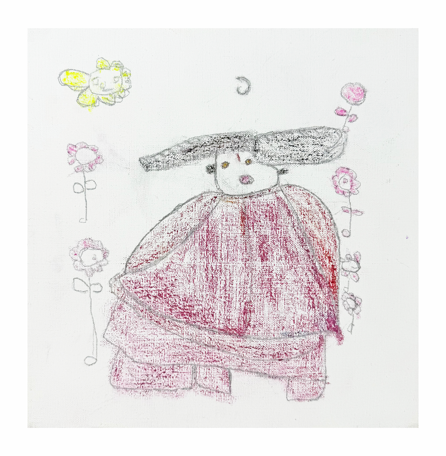 A pencil and crayon drawing on a square canvas. The drawing depicts a black-haired figure in a red outfit surrounded by floating pink flowers.  A yellow sun on the upper left corner smiles down on the scene.