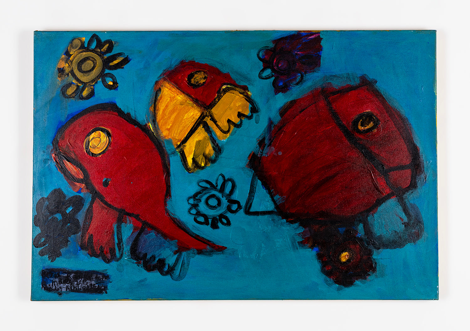 A painting on canvas: three stylized red birds float on a blue background, surrounded by large black, red, or yellow flowers. Each bird is a plump oblong shape, drawn in profile,  each with a big round yellow eye. The artist has signed and dated the painting on the bottom left corner: Maria Radilla