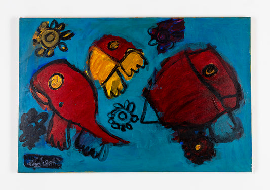 A painting on canvas: three stylized red birds float on a blue background, surrounded by large black, red, or yellow flowers. Each bird is a plump oblong shape, drawn in profile,  each with a big round yellow eye. The artist has signed and dated the painting on the bottom left corner: Maria Radilla