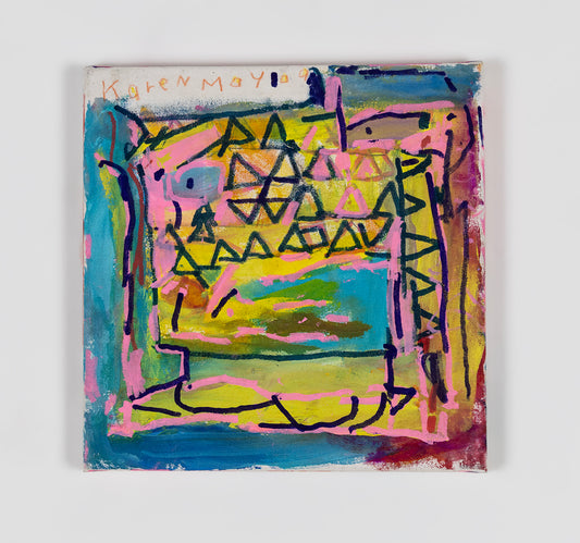 A small square abstract painting. Rows of blue and pink triangles fit together in the top half of the painting, over a background of blue and yellow wide painted marks. The artist has signed their name on the top left corner: Karen May