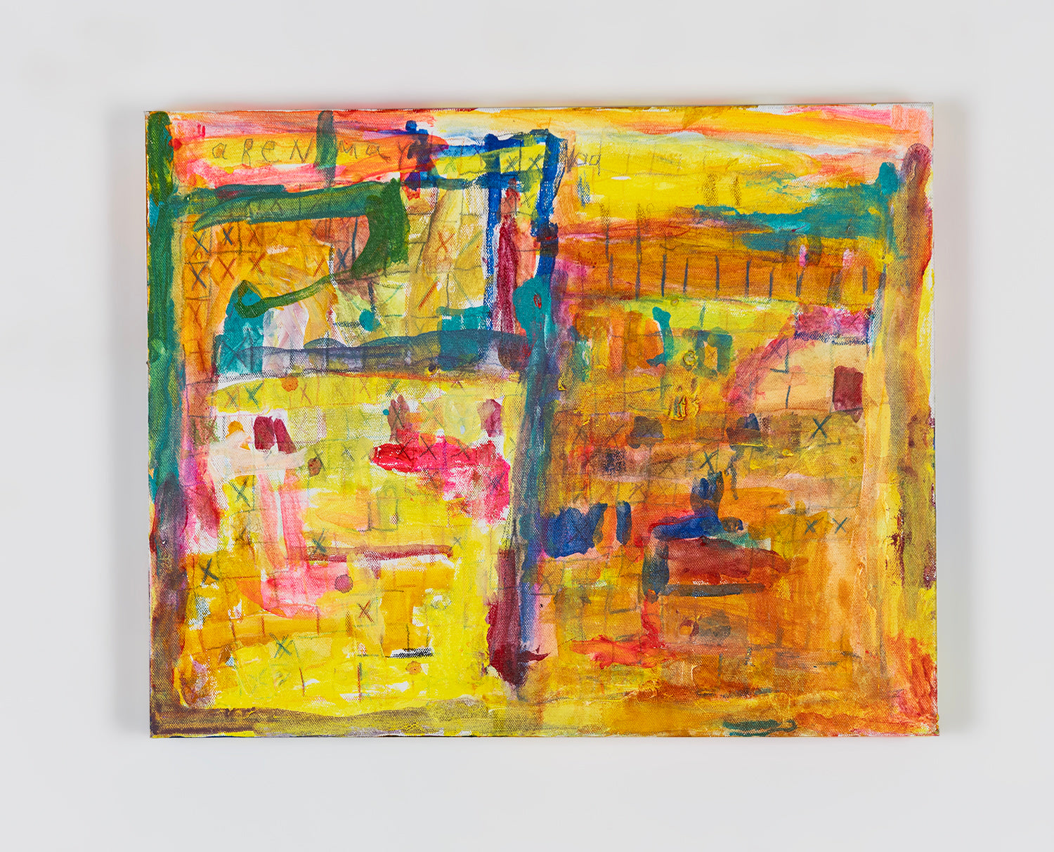 An abstract painting with a vivid color palette dominated by yellows, blues, reds, and greens. The canvas is filled with various overlapping shapes and lines, creating an impression of depth and movement. The background is primarily a bright yellow, with patches of pink and orange, and it features a grid-like pattern with scattered "X" marks. Thick blue and green brushstrokes emphasize the borders and central areas, adding contrast to the composition.