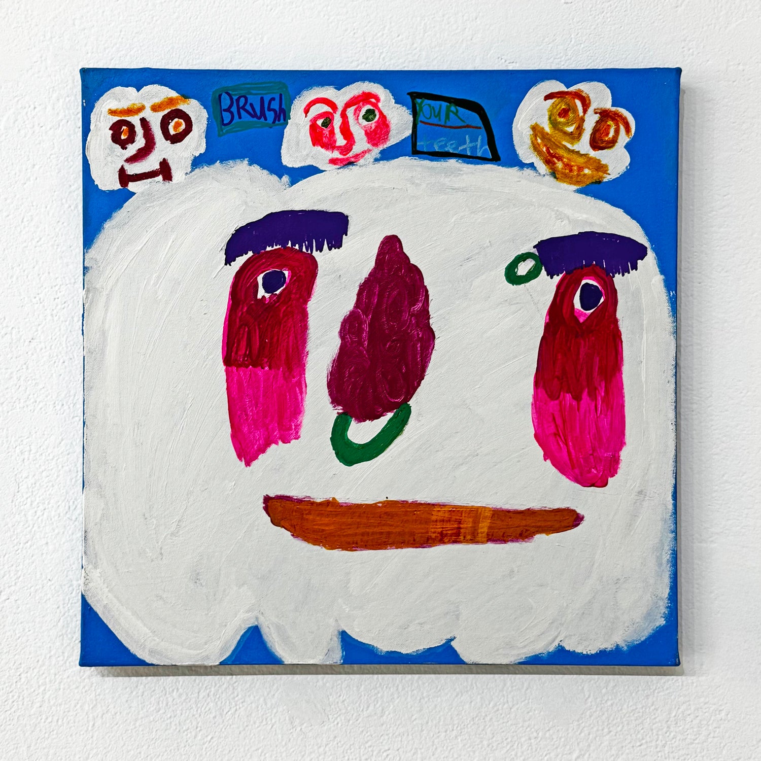 Colorful abstract painting of a cloud against a blue background. Three smaller clouds float above the large cloud. The words 'brush' and 'your teeth' are written between the three small clouds.